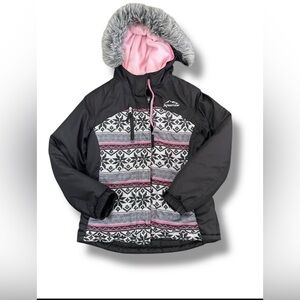 Girls 10/12 Winter Coat Faux Fur Hood Black Pink Geometric Snowflakes